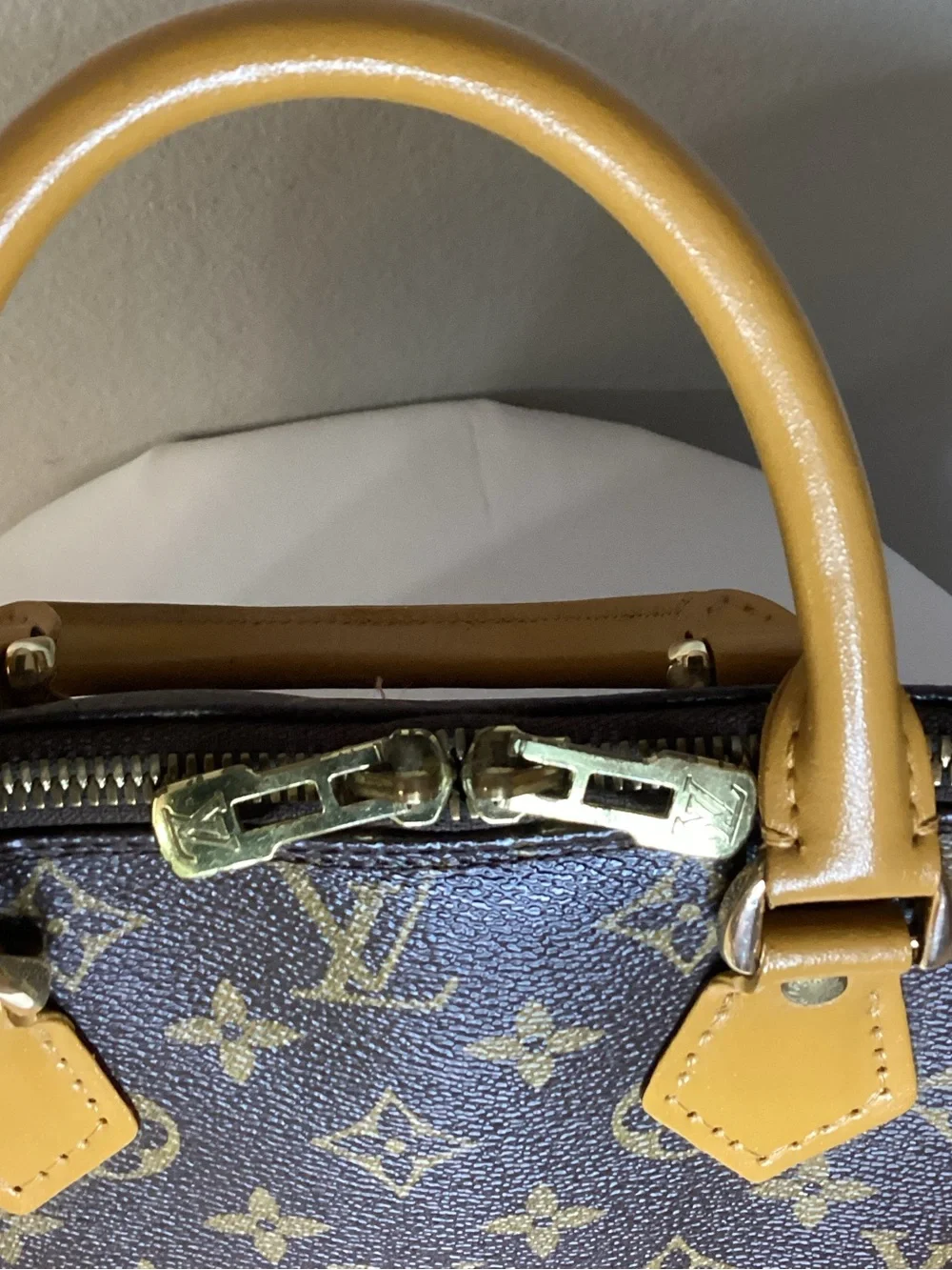 Louis Vuitton Brown Monogram Satchel with Tan Handles